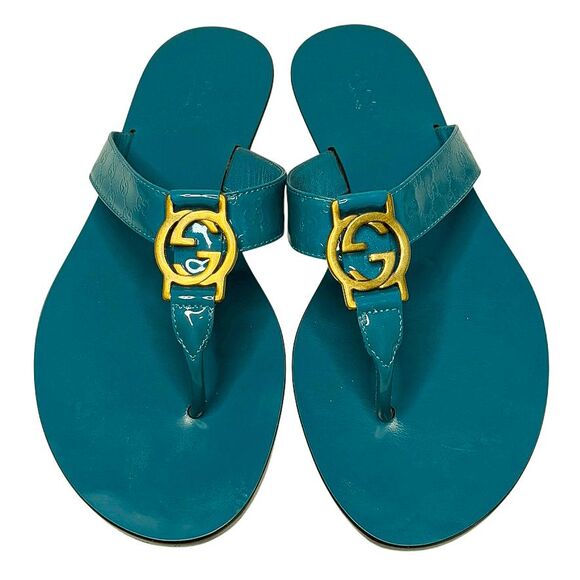 Gucci Microguccissima Patent Leather Interlocking GG Thong Sandals EU 36.5 Blue - Picture 2 of 13